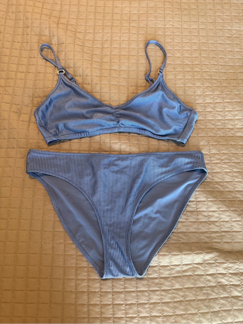 Aerie Beach Babe Shine Rib Voop Bikini Size XL Blue Plunge 2 Piece Swimsuit